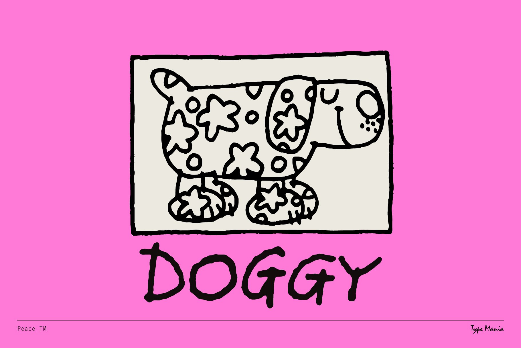 Whimsical dog illustration with star patterns on pink background. Hand-drawn cartoon style suitable for graphic design projects and templates.