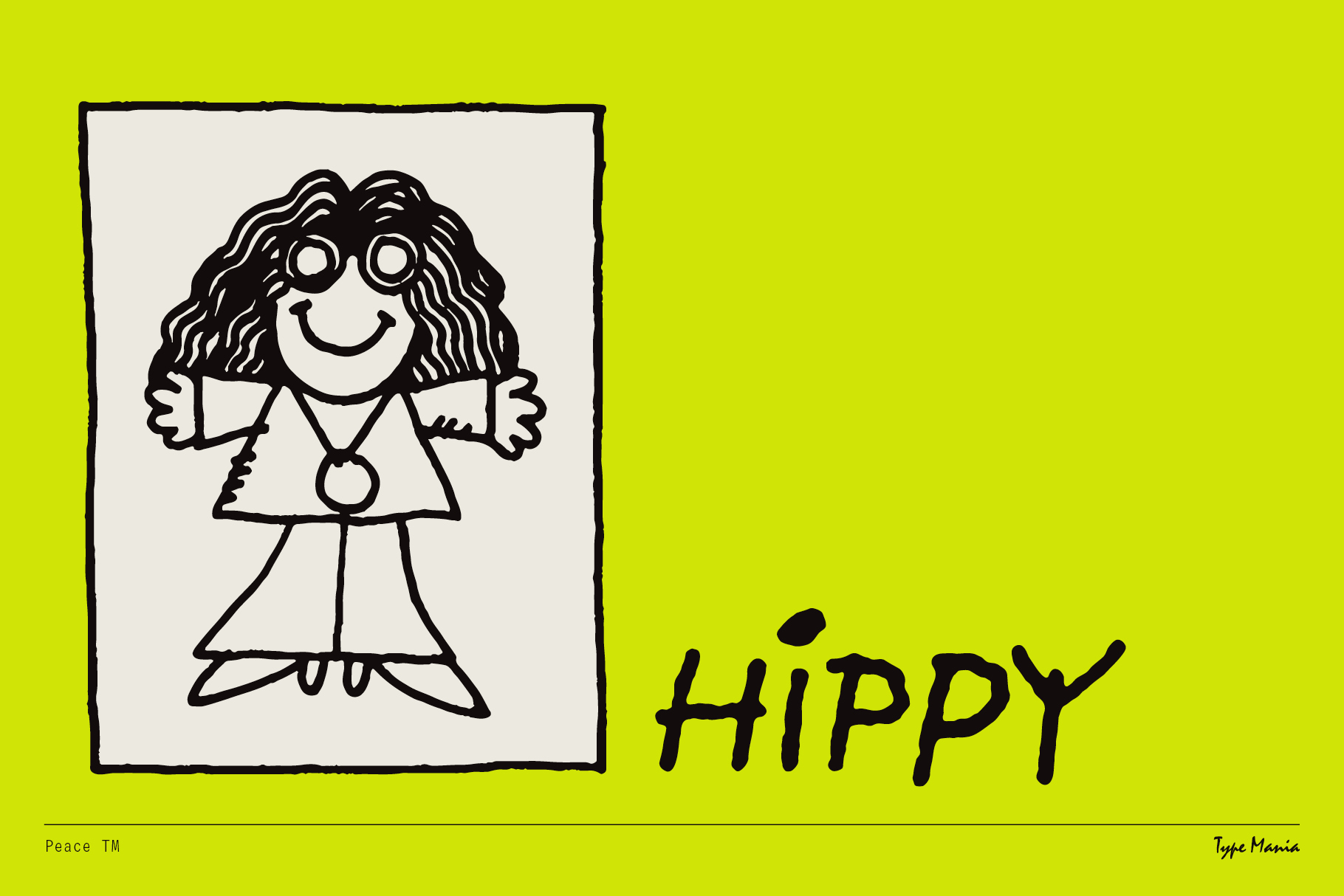 Illustrated hippy character with curly hair and round glasses on a bright background. Ideal for graphics, design projects, retro, vintage themes.