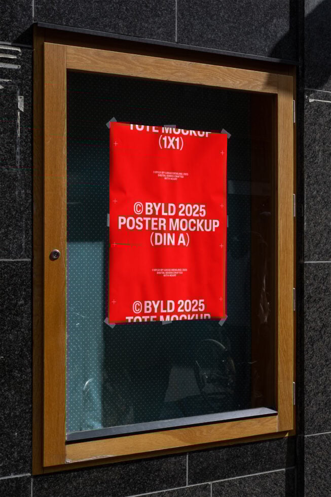 Red poster mockup displayed on glass storefront window. Ideal for showcasing designs in urban settings. Keywords: poster mockup, window display, design.