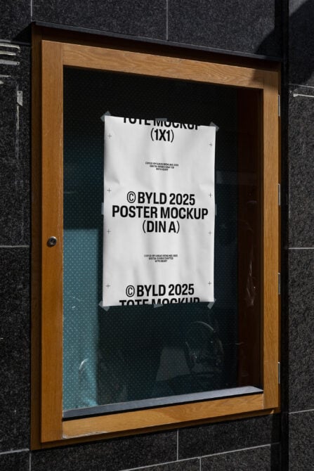 White poster taped inside wooden-framed glass display case with dark background