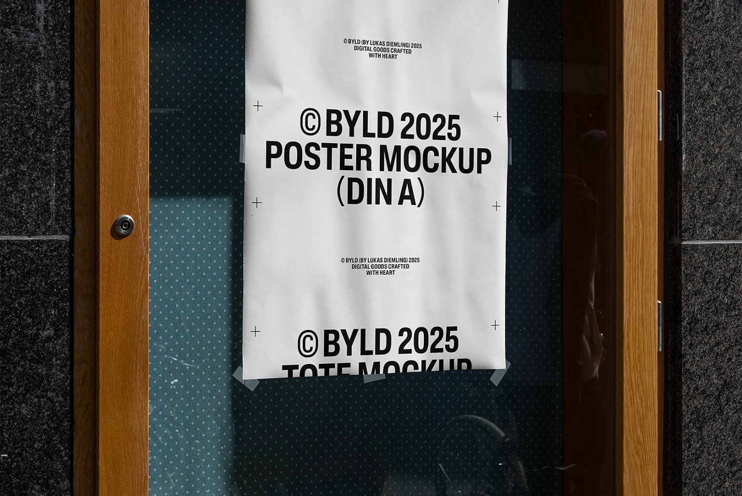 Poster mockup displayed on a wooden and glass door indicating DIN A size ideal for designers and creative projects 2025 digital templates mockups.
