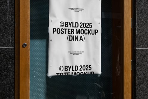 Poster mockup displayed on a wooden and glass door indicating DIN A size ideal for designers and creative projects 2025 digital templates mockups.