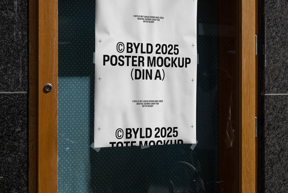 DIN A poster mockup pinned in modern interior with wood trim, teal wallpaper, concrete walls