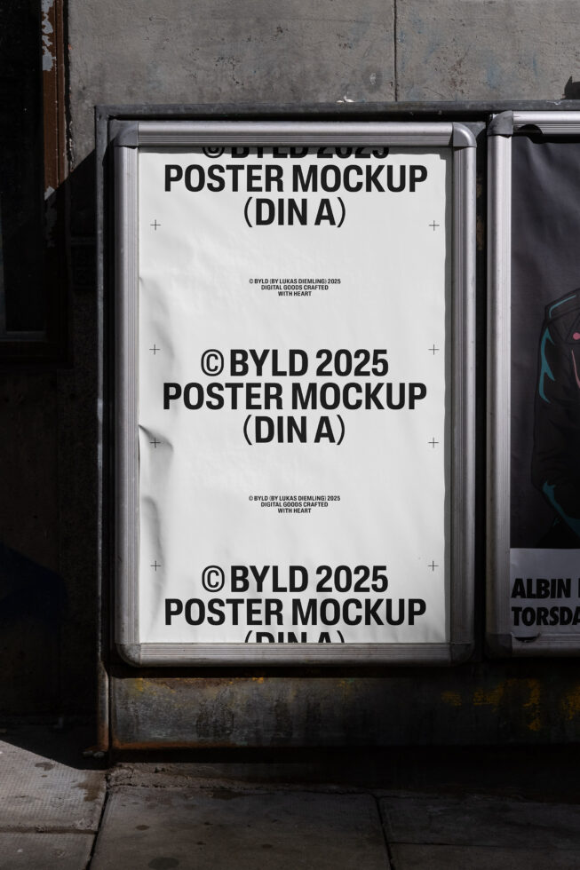 Urban poster mockup display in metal frame for DIN A format design showcase. Ideal for graphic designers seeking realistic presentation templates.