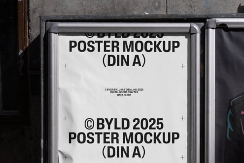 Urban poster mockup display with BYLD 2025 design. Ideal for showcasing graphic design projects. Perfect for digital asset marketplaces.