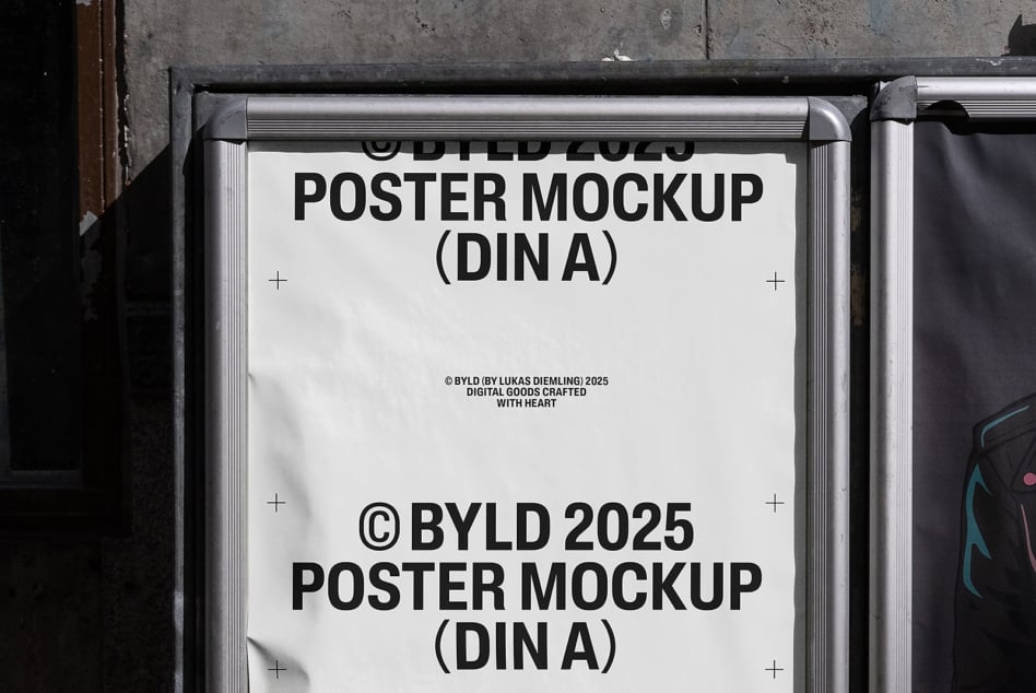Urban poster mockup display with BYLD 2025 design. Ideal for showcasing graphic design projects. Perfect for digital asset marketplaces.