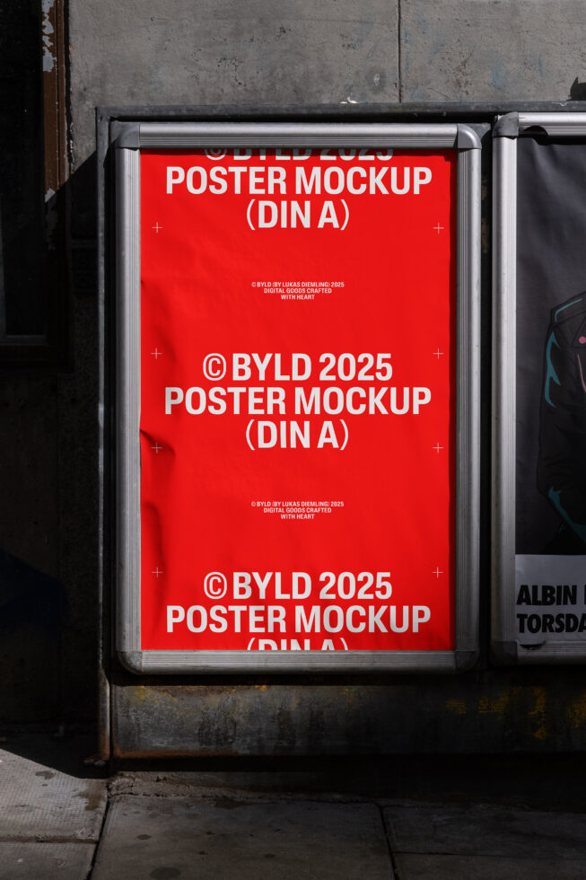 Red urban poster mockup with bold white text for design presentation SEO keywords include poster mockup DIN A graphics designer marketplace street scene