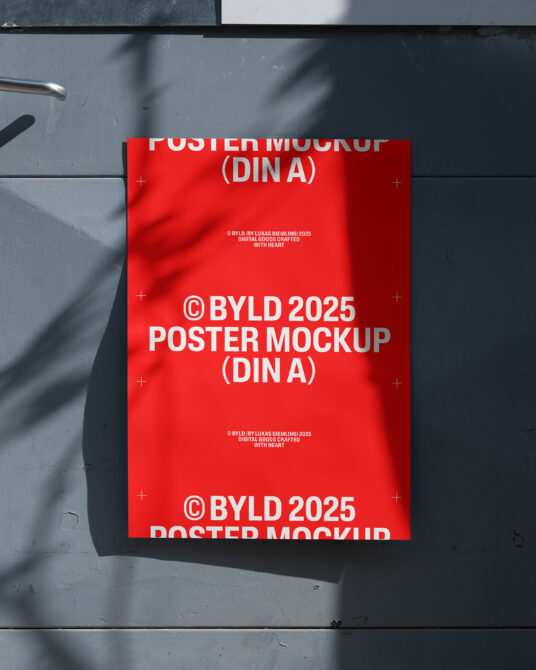 Bright red DIN A poster mockup on gray wall catching sharp afternoon shadows