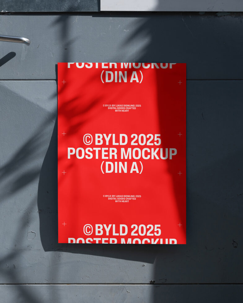 Red poster mockup on a wall with shadow overlay, showcasing DIN A format, ideal for graphic designers seeking modern template in presentation and design assets.