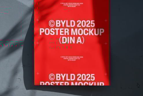 Red poster mockup template with bold white text, ideal for graphic designers. Shadows cast on a textured wall, perfect for showcasing artwork.