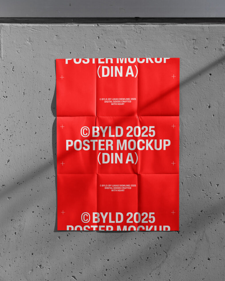 Red poster mockup on textured concrete wall featuring white text branding for designers. Perfect for graphic design showcasing templates or graphics.
