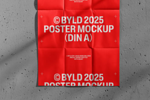 Red DIN A poster mockup with folded edges on concrete surface with shadow overlay