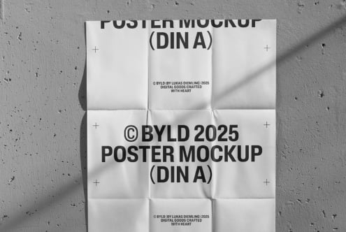 Clean white DIN A poster mockup mounted flat on gray textured surface