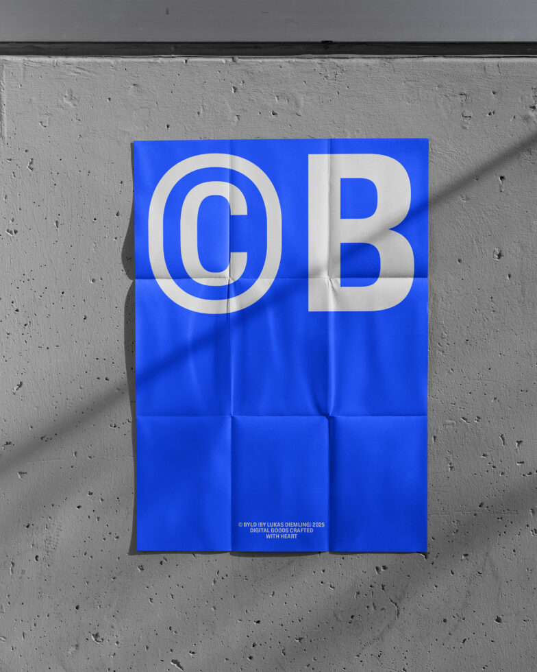 Blue poster mockup on concrete wall displaying bold white letters C and B. Perfect for showcasing branding concepts and graphic design projects.