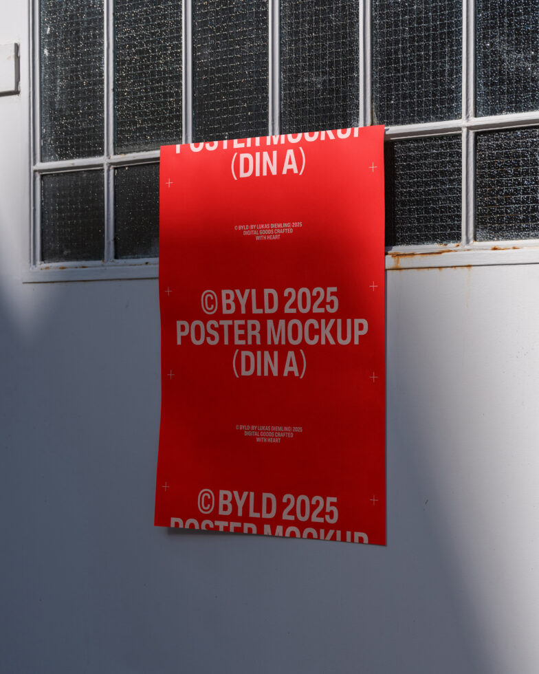 Red poster mockup on textured glass door. Ideal for designers. Keywords: mockups, poster, design, graphic resources, templates, display, presentation.