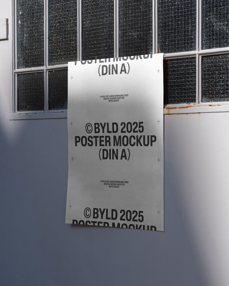 Poster mockup featuring a minimalist design on a textured glass background. Ideal for designers needing a realistic display. Keywords: poster, mockup, design.