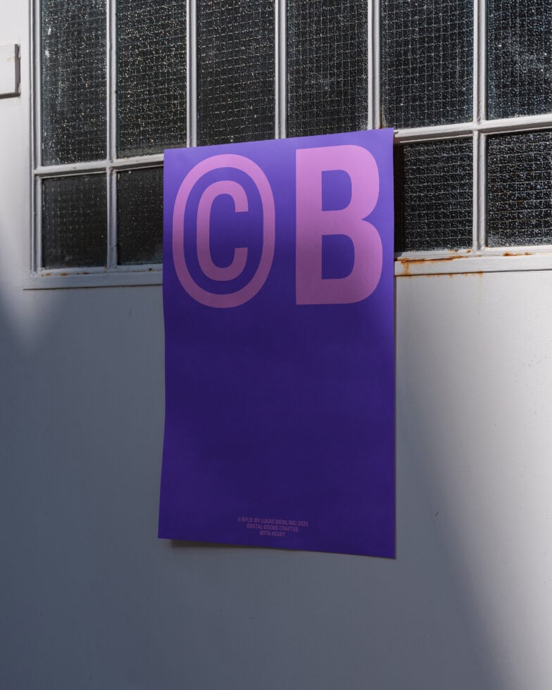 Purple poster on textured glass backdrop featuring bold typography with copyright symbol. Ideal for design mockup presentation or wall art display.