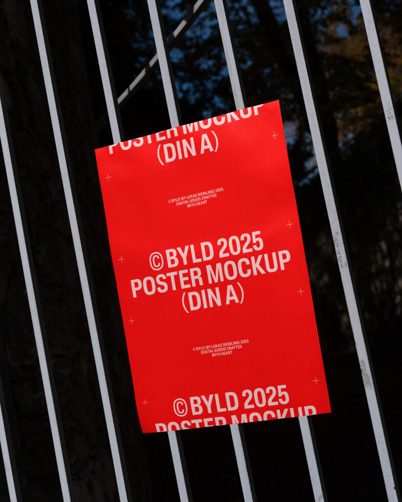 Red poster mockup displayed on metal bars with bold text Design template for graphic designers Perfect for showcasing digital artwork High-quality print