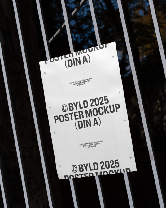 Poster mockup with a blank sheet on a metal fence background. Ideal for showcasing graphic designs, templates, or artwork in outdoor settings.