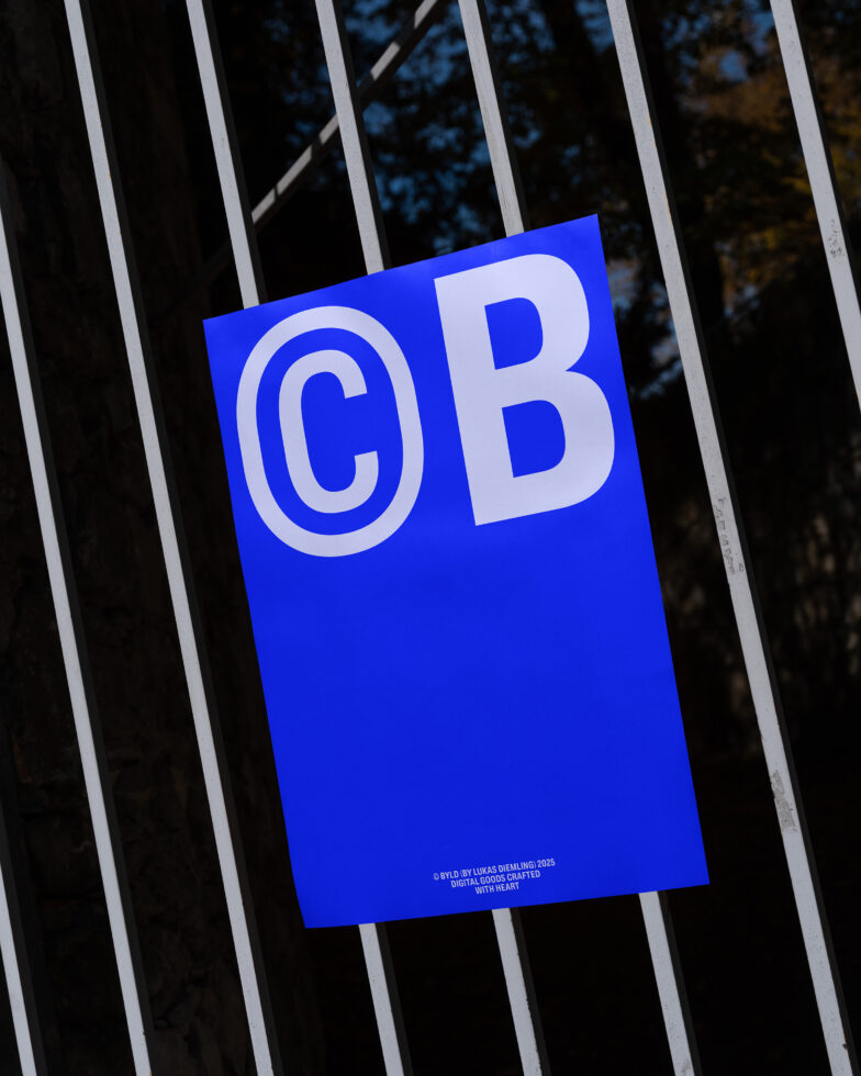 Blue poster mockup with bold white letters C and B on a metal fence. Perfect for branding, graphic design templates, showcasing typography.