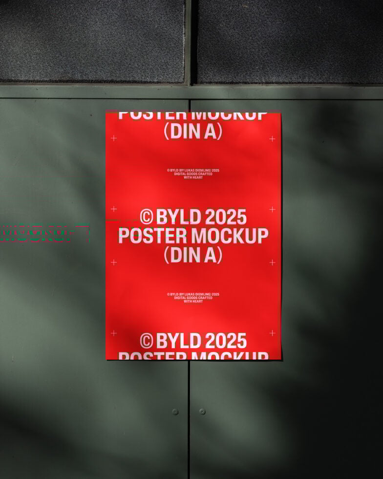 Red poster mockup DIN A size displayed on a green wall for design presentation. Ideal for graphic designers showcasing poster designs.