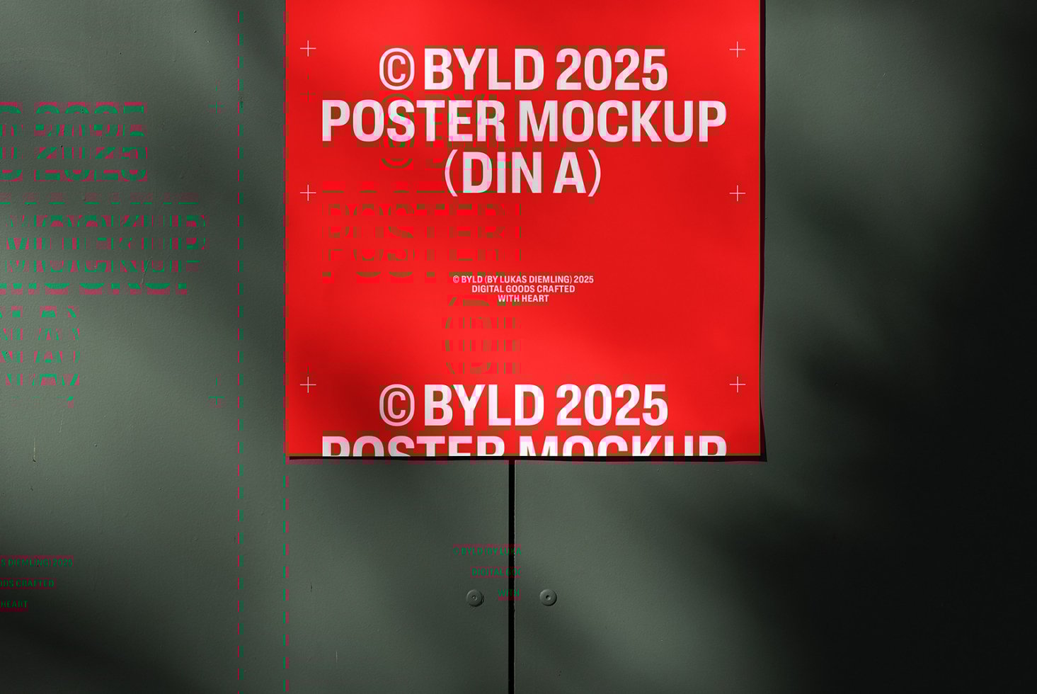 BYLD 2025 Poster Mockup DIN A in vibrant red hue. Perfect for designers seeking high-quality templates. Ideal for showcasing creative poster designs.