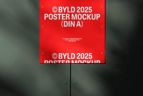Red DIN A poster mockup on sage green wall showing bold white typography
