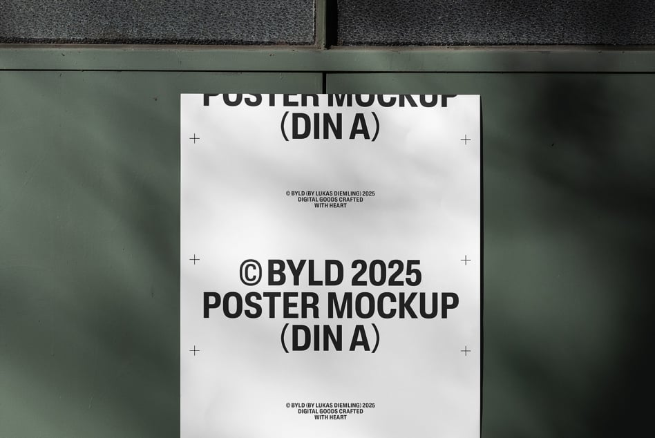 White DIN A poster mockup on sage green metal wall, minimal typography