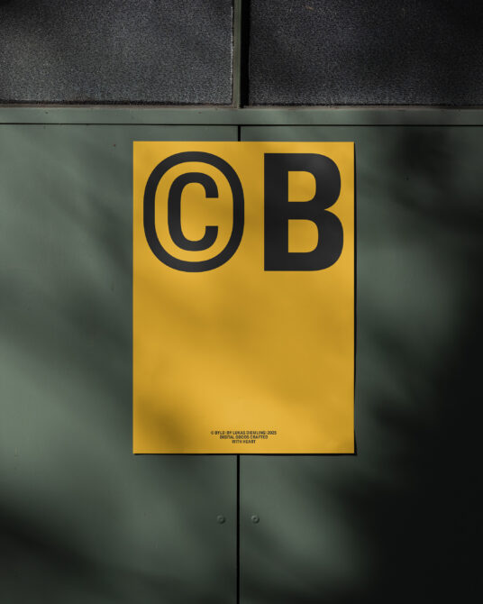 Golden yellow poster with bold black copyright symbol, mounted on panel