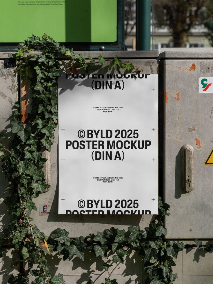 Urban poster mockup on a weathered wall with ivy accents suitable for showcasing design templates natural setting, ideal for graphic designers.