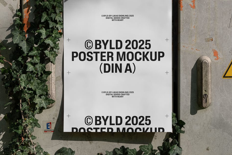 White DIN A poster mockup on concrete wall with ivy vines, industrial door handle visible