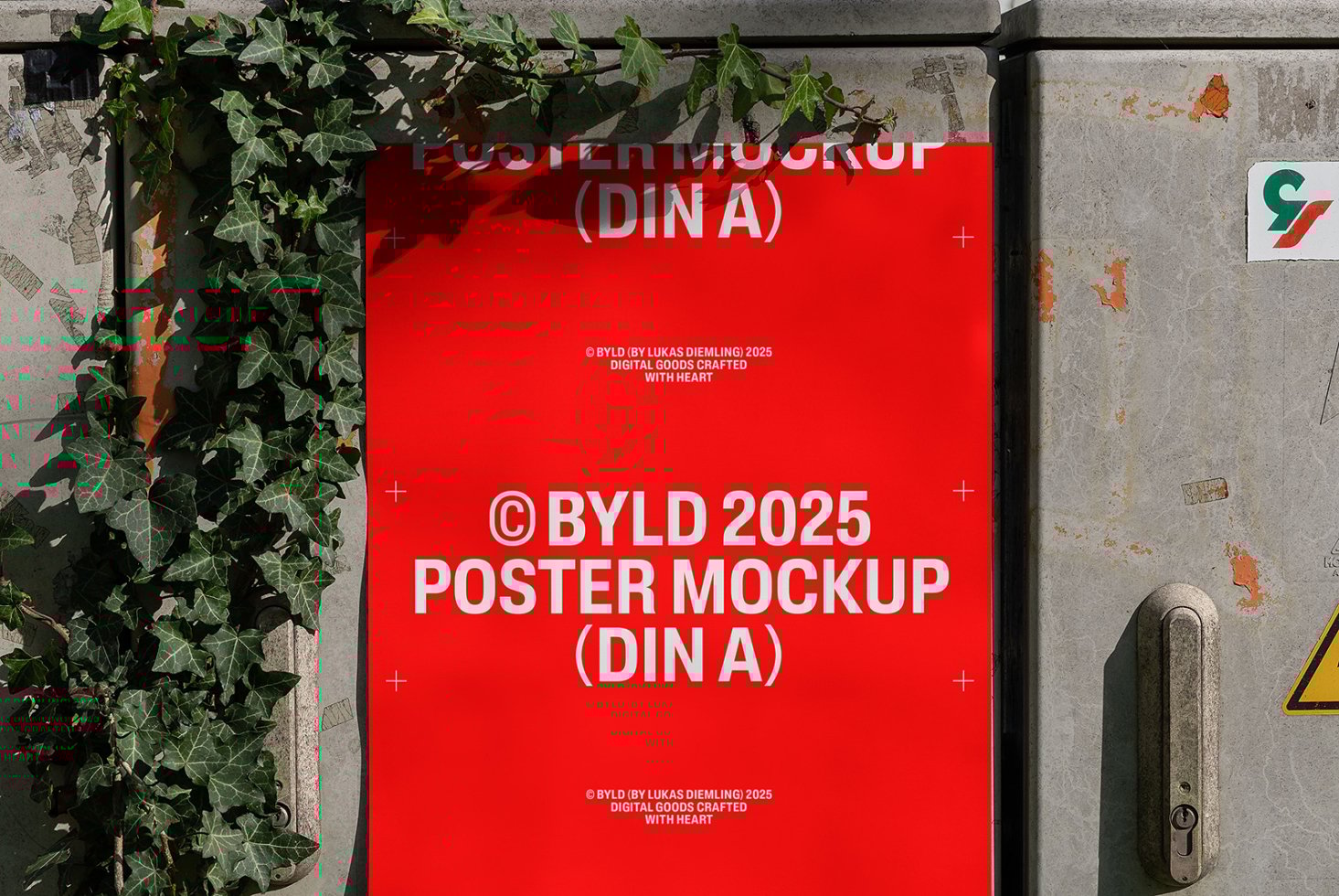 Red poster mockup template on industrial surface with ivy. Perfect for showcasing graphic designs and marketing materials. DIN A format, vibrant display.