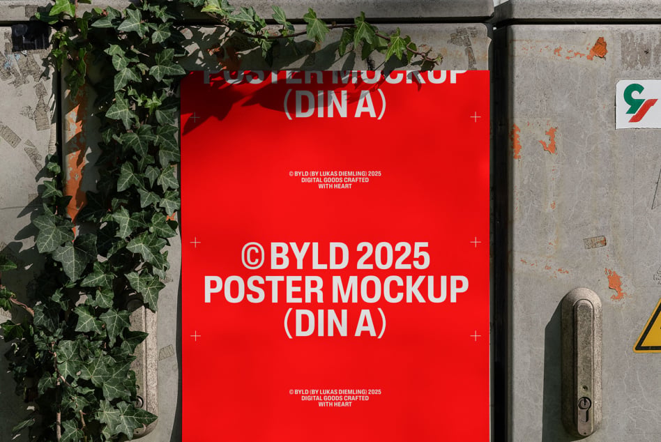 Red DIN A poster mockup on textured concrete surrounded by greenery
