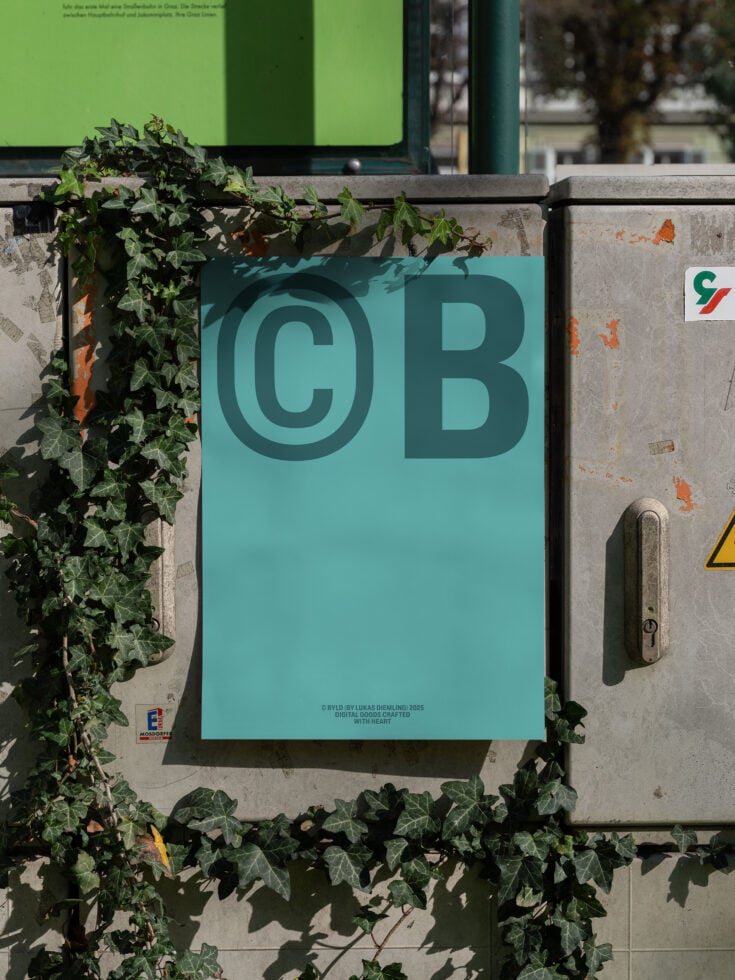 Urban poster mockup with turquoise background on a concrete surface with ivy. Ideal for showcasing graphics templates in outdoor settings for designers.