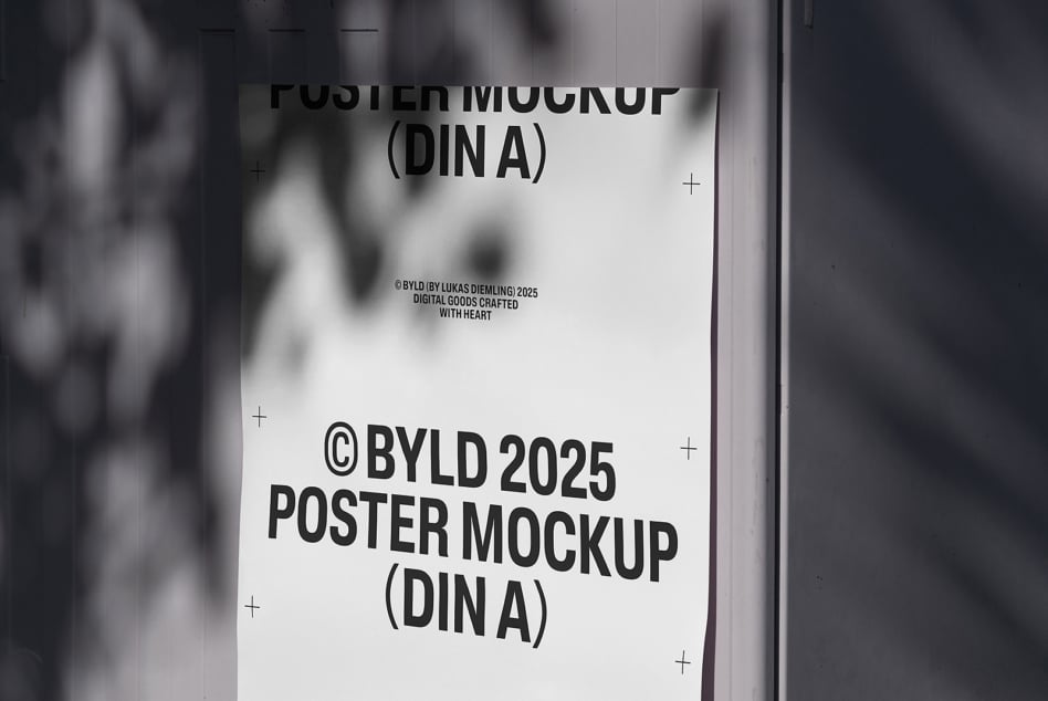 White DIN A poster mockup on concrete with shadow overlay outdoor
