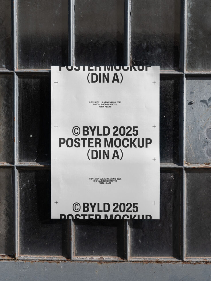 Poster mockup DIN A displayed on a textured glass window background, ideal for showcasing poster designs in realistic settings, perfect for designers.