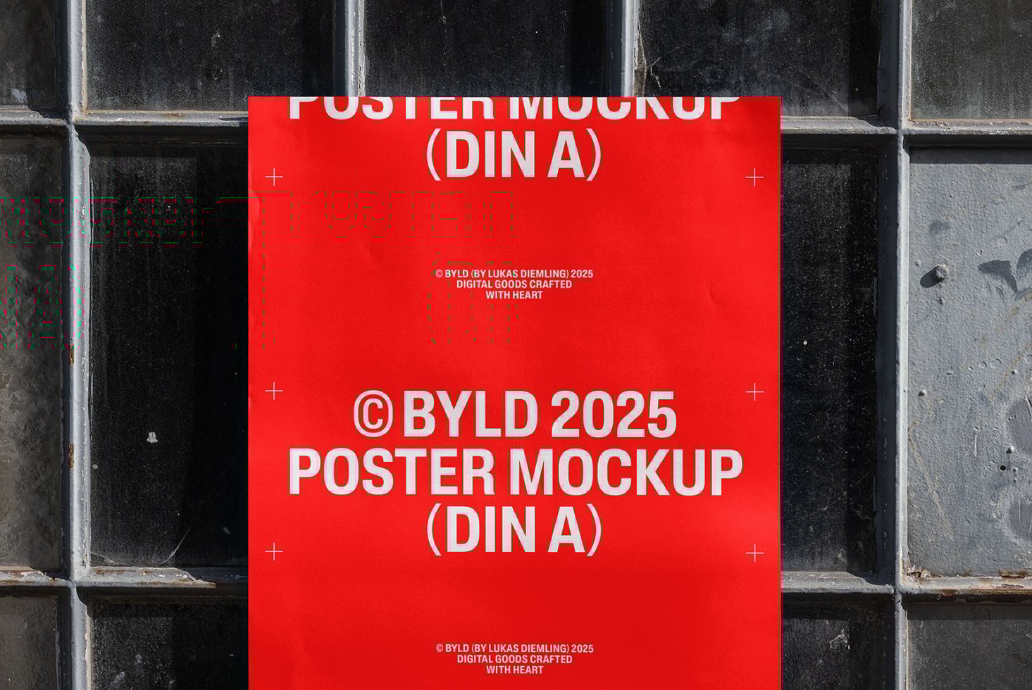 Red poster mockup on a rustic window backdrop DIN A format perfect for showcasing design projects digital assets template for designers branding display