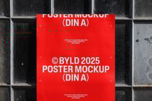 Red poster mockup on a rustic window backdrop DIN A format perfect for showcasing design projects digital assets template for designers branding display