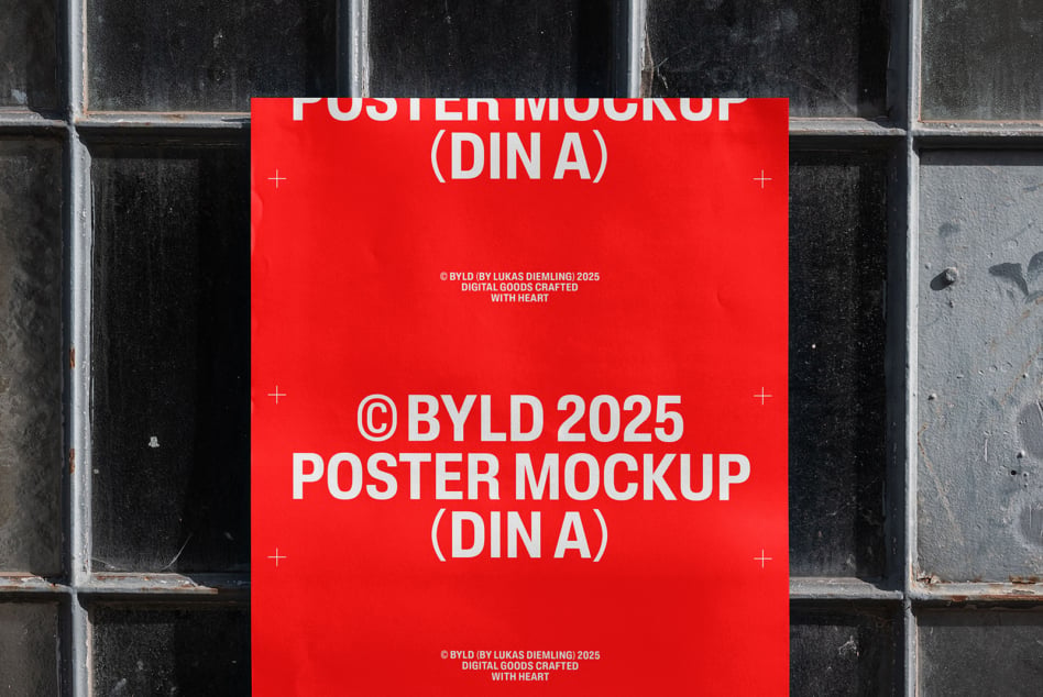 Bright red DIN A poster mockup against weathered dark tile backdrop