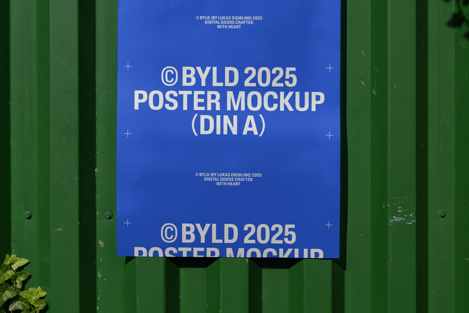 Blue DIN A poster mockup on textured green metal corrugated industrial wall