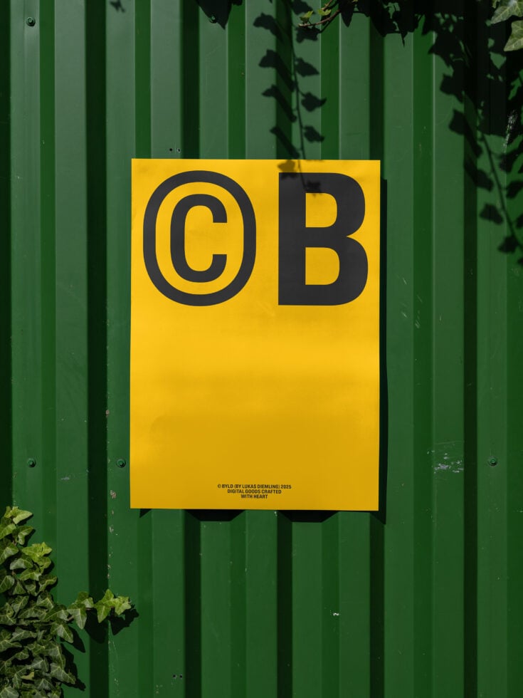 Yellow poster with bold black CB letters, mounted on green corrugated metal with ivy. Ideal for graphic design mockups and typography templates.