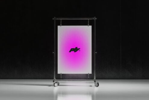 Mockup with a hanging poster featuring a pink gradient and black logo. Ideal for showcasing branding or logo designs. Modern graphic template for designers.
