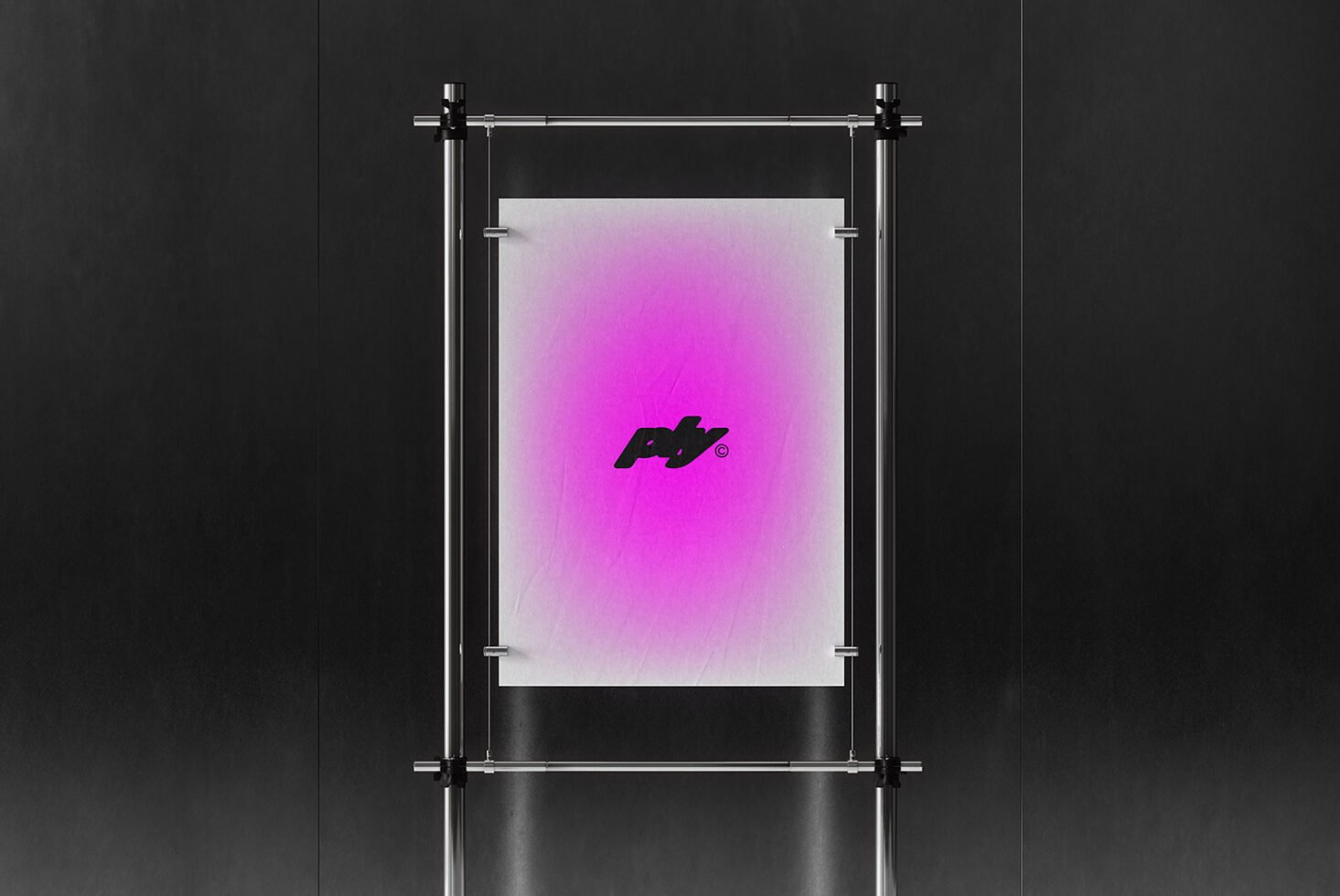 Poster mockup with gradient pink background and modern logo displayed in sleek metal frame elegant minimalist design for digital assets marketplace