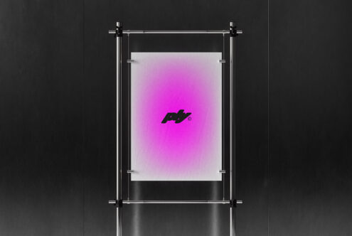 Poster mockup with gradient pink background and modern logo displayed in sleek metal frame elegant minimalist design for digital assets marketplace