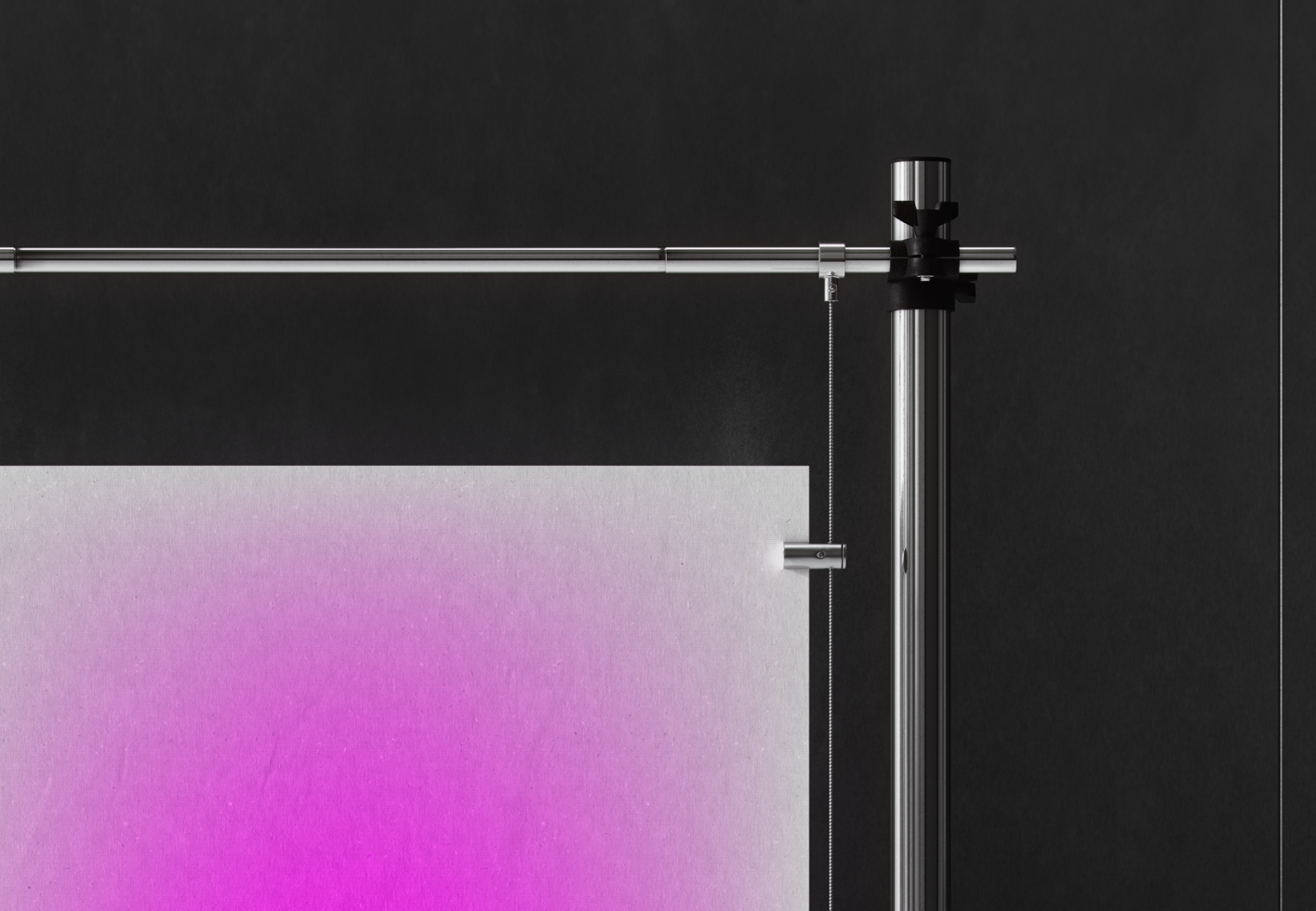 Minimalistic design mockup with magenta gradient poster on metallic stand. Ideal for showcasing art graphics templates. Perfect for designers market.