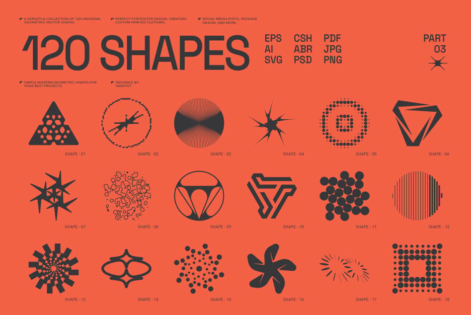 120 geometric vector shapes in various styles on coral background