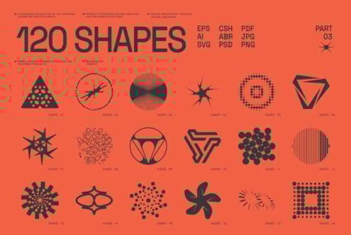 Orange poster featuring 120 black abstract geometric vector shapes for designers. Ideal for mockups, templates, graphics, and digital design projects.