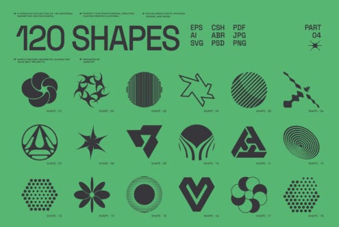 Collection of 120 versatile geometric vector shapes for designers. Ideal for templates, mockups, logo design. Formats: EPS, AI, SVG, PDF, PNG, CSH.
