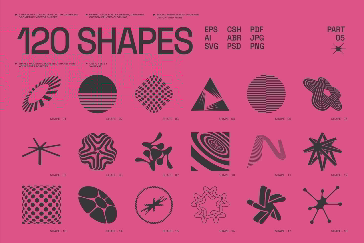120 geometric vector shapes on pink background for designers. Ideal for posters, prints, digital assets. Formats: EPS, AI, PNG, SVG, PDF, PSD.