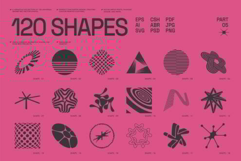120 geometric vector shapes on pink background for designers. Ideal for posters, prints, digital assets. Formats: EPS, AI, PNG, SVG, PDF, PSD.